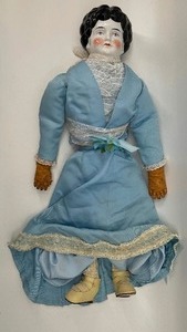 lot 199 image: Antique CHINA HEAD Doll - German - Kid Leather Hands - Blue Dress