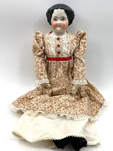 lot 238 image: Antique CHINA DOLL - High Brow - Germany - Brown Floral Dress