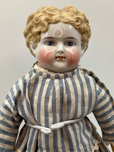 lot 336 image: Antique CHINA DOLL - Germany - High Brow - Blonde - Striped Dress