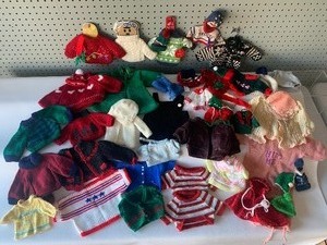 lot 171 image: Vintage Handknit Doll - Teddy Bear Sweaters, Hats and More