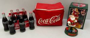 Collectible Coca-Cola Die Cast Santa Mechanical Bank (NIB) & Coca-Cola Soft  Side Cooler With Coca-Cola Bottles