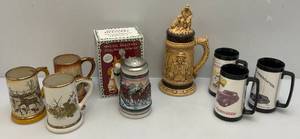 Misc. Vintage Collectible Steins Including Budweiser Holiday Stein (NIB) & Back To The 50s Mugs