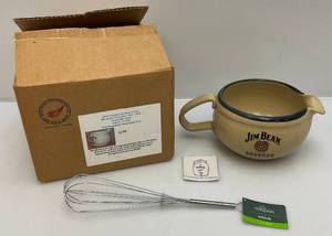 170 Collectible Jim Beam RED WING Batter Bowl With Blue Trim & Whisk