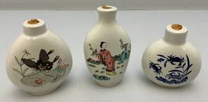 Three Porcelain Painted Snuff Bottles (Lids Missing )
