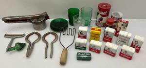 Misc. Vintage Items Including Spice Tins, Forest Green Anchor Hocking & More