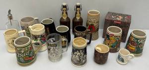 Misc. Collectible Beer Steins, Mugs (Some With Beer Advertisement) Includes Budweiser St. Pats Leprechaun (NIB) & More