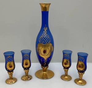 Vintage Bohemian Gilt Overlay & Cobalt Glass Drink Set