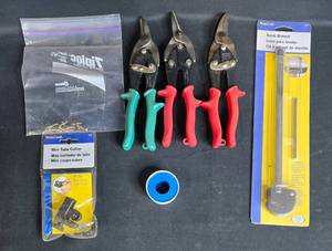 lot 14 image: Workshop Tool Set 3 Pruners, Mini Tube Cutter, Basin Wrench, & Thread Seal Tape