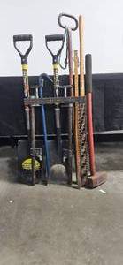 lot 108 image: Lot of 5 Heavy-Duty Hand Tools Including Shovels and Rakes
