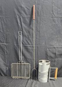 lot 113 image: Set of 3 BBQ Grill Accessories - Charcoal Starter, Grilling Basket, and Long-handled Fork