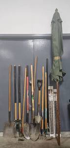 lot 116 image: Collection of Gardening and Hand Tools with Umbrella