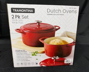 lot 201 image: Tramontina 2 Pack Set Enameled Cast Iron Dutch Ovens (3.5 Qt & 5.5 Qt)