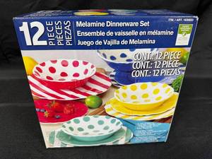 lot 204 image: 12-Piece Melamine Dinnerware Set - Assorted Colors