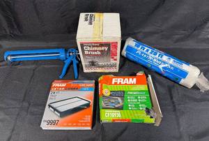 lot 217 image: Lot of 4 Home Improvement Items Chimney Brush, Plastic Sheeting, and 2 FRAM Filters