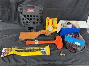 lot 296 image: Lot of Various Tools and Equipment Including Air Hose, Rubber Mallet, and Utility Items