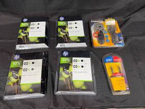 lot 92 image: Lot of 4 HP 02XL Ink Cartridges, Duracell 3-in-1 Crank Light, and Belkin USB Cable