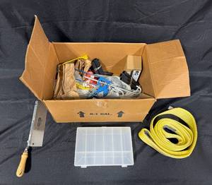 lot 277 image: Mixed Lot of Hand Tools, Storage Box, and Straps