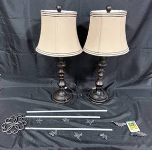 lot 291 image: Pair of Elegant Table Lamps with Beige ShadesDecorative Stands and Wind Chime