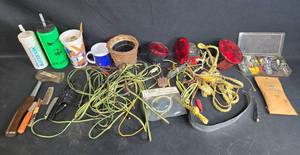 lot 73 image: Assorted Electrical and Hand Tools Lot with Wiring Accessories and Container