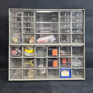 lot 77 image: Large Plastic Hardware Organizer with Assorted Hardware Components