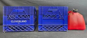 lot 82 image: Set of 2 Vintage Cloverland Milk Crates and 1 Red Gas Can