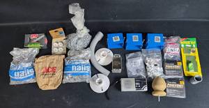 lot 83 image: Mixed Lot of Hardware Supplies including Nails, Connectors, and Wiring Accessories