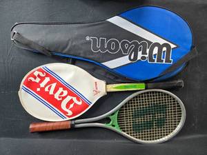 lot 86 image: Set of 2 Vintage Tennis Rackets with Covers - Wilson and Davis