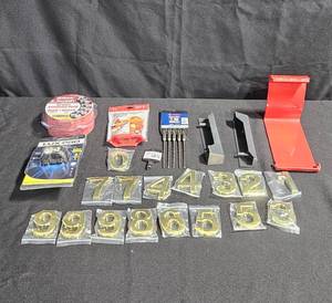 lot 150 image: Mixed Lot of Hardware Items Including Numbers, Sanding Discs, and Headlamp
