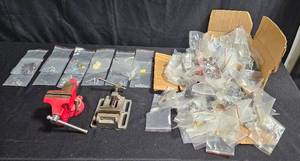 lot 152 image: Assorted Collection of Hand Tools, Fasteners, and Red Bench Vise