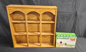 lot 159 image: Vintage Wooden Display Shelf with FoodSaver Vacuum Packaging Rolls