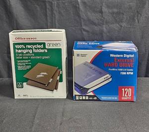 lot 162 image: Western Digital External Hard Drive 120GB and Office Depot Hanging Folders