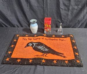 lot 170 image: Decorative Set Vintage Tapping Bird Doormat, Fenton Glass Bell, Abstract Glass Vase, and Artisan Ceramic Vase