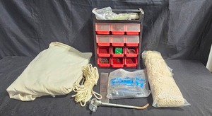 lot 188 image: Assorted Pool Maintenance Supplies Including Canvas Cover, Rope, and Hardware Storage Bin