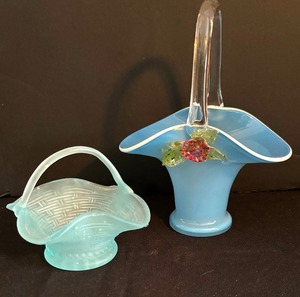 lot 120 image: Depression Glass Ruffled Edge Basket Green & Vintage Glue Glass Basket with Applied Floral Design