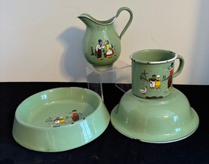 lot 155 image: Vintage Enamel Bowls, Cup and Petite Pitcher by Scepter of Germany