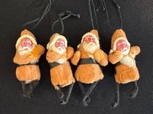 lot 91 image: Belsnickle Style Antique 2-34 Tiny CHRISTMAS Batting Santa Ornaments