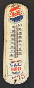 lot 8 image: Vintage Metal Pepsi Advertising Thermometer  Any Weather is Pepsi Weather Vintage Metal Thermometer