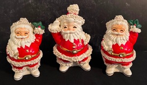 lot 89C image: Two Vintage Spaghetti Santa Clause Banks and a Vintage NAPCO Spaghetti Santa Clause Candy Dish  Planter