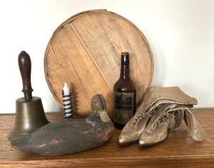 lot 242 image: Vintage Heeled Shoes, Bottle, Decoy, Shaker Box, Bell and More