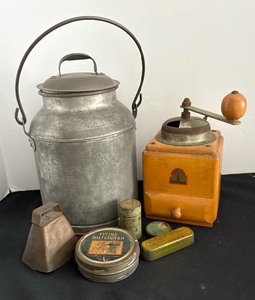 lot 355 image: Vintage Quart Steel Milk Can, Armin Trosser Coffee Grinder, Bell and Tins