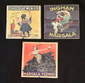 lot 368 image: Retro Ingham Marsala Wine and Menier Chocolate Advertising Decor  Reproduction