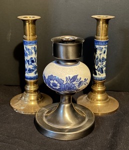 lot 319A image: Three Vintage Blue and White Porcelain Accented Candle Holders