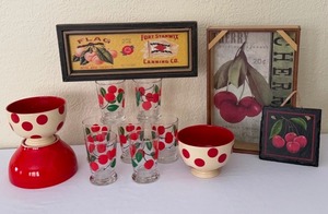 lot 335 image: Cherry Motif Juice Glasses, Cherry Themed Wall Decor and Bowls
