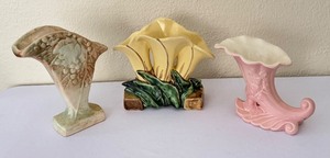 lot 336 image: Vintage McCoy Pottery Triple Lilly Vase, Vintage Red Wing Pottery Cornucopia Pink Vase #1097 and More