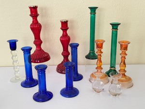 lot 381 image: Variety of Colorful Glass Candle Holders
