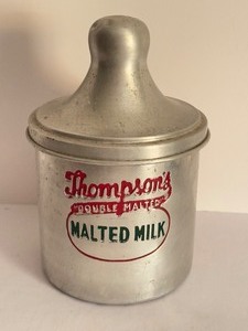 lot 446 image: 1940s Thompsons Double Malted Milk Container  Antique Dairy Tin  Rare Advertising Tin
