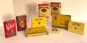 lot 449 image: Vintage Metal Tobacco and Cigarette Tins including Vintage Black Cat Virginia Cigarette Tins