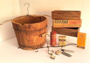 lot 450 image: Primitive Wooden Bucket, Wooden Cheese Boxes and More