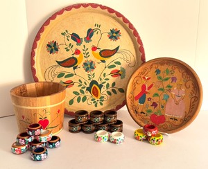 lot 454 image: Vintage Hand Painted Wooden and Metal Items including Vintage Hand Painted Large Wooden Tray