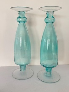 lot 422 image: Pair of Decorative Aqua Blue Glass Candle Holders
